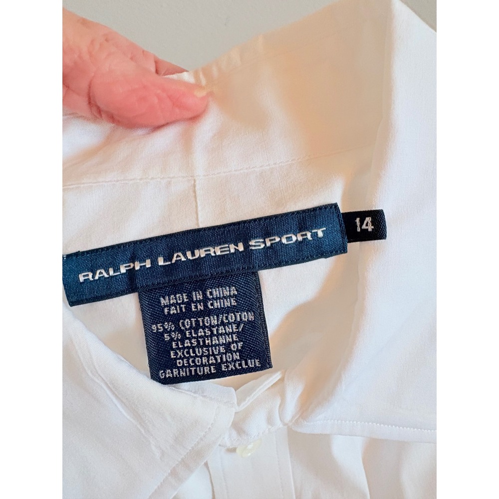 Y2K Ralph Lauren Sport White Cotton Stretch Crest Button Down Shirt Women SZ 14 - Picture 7 of 10
